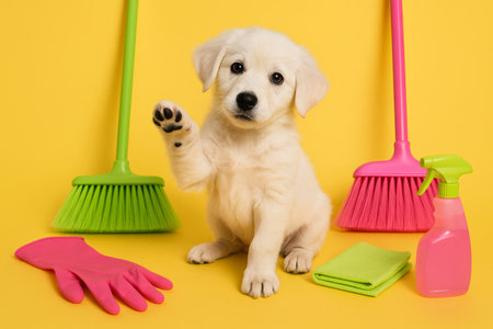 A fluffy white puppy is playfully waving its paw beside colorful cleaning tools on a vibrant yellow background. The scene is fun and energetic, showing the joyful spirit of the puppy.の素材