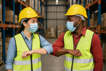 Two workers in safety gear share elbow bumps in a warehouse setting, wearing masks as a safety measure while engaging in a friendly greeting..の素材