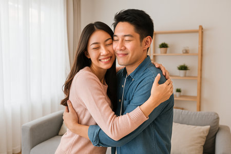 A young couple smiles as they share a warm hug in a cozy living room. Sunlight streams through the curtains, creating a joyful and intimate atmosphere..の素材