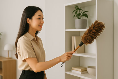A woman in casual clothing is happily dusting shelves in a bright living room filled with plants and decorative items. Sunlight illuminates the space..の素材
