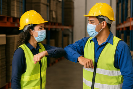 Two workers in safety gear share elbow bumps in a warehouse setting, wearing masks as a safety measure while engaging in a friendly greeting.の素材