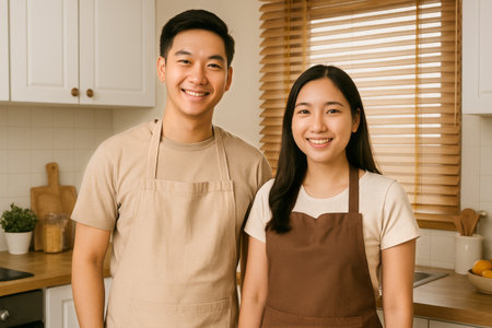 A cheerful couple stands together in a cozy kitchen, wearing matching aprons. The space is bright, with sunlight streaming through the window and wooden cabinets in the background.の素材