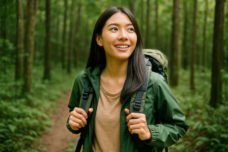 A woman stands on a forest trail, smiling and wearing a green jacket and a backpack. She enjoys the lush greenery surrounding her in bright daylight.の素材