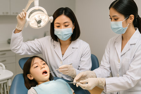 Two women in lab coats and masks care for a young girl in a dental chair. One checks her mouth while the other prepares tools in a modern dental clinic.の素材