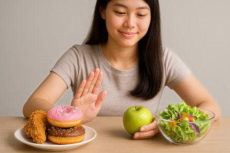 A young woman sits at a table, deciding between a bowl of salad and an apple on one side and donuts and fried chicken on the other, showing her intention for healthier choices.の素材