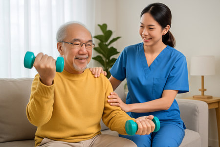 Senior man engages in an exercise routine with the support of a caregiver in a cozy living room. They share a moment of encouragement as he lifts dumbbells.の素材