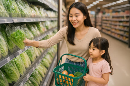 A woman and her young daughter are selecting fresh lettuce in a grocery store. The aisle is filled with neatly packaged vegetables. They appear happy and engaged in choosing healthy food.の素材
