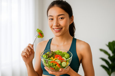 A joyful woman in a tank top is holding a glass bowl filled with colorful salad. She is smiling and taking a bite of lettuce at home, enjoying a nutritious meal.の素材