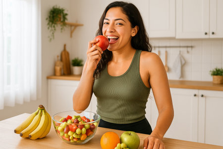 A woman sits in her kitchen surrounded by colorful fruits, smiling brightly as she lifts a red apple to her mouth. The setting is bright and inviting..の素材