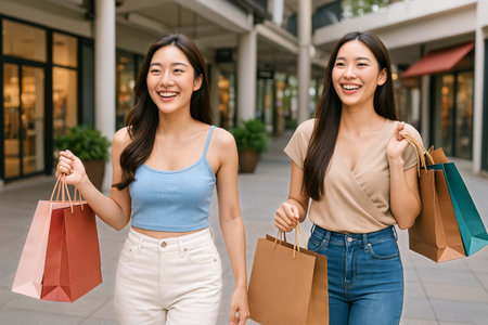 Two friends walk happily through a bustling outdoor shopping area, each carrying several colorful shopping bags. They are smiling and enjoying their time together on a sunny day.の素材