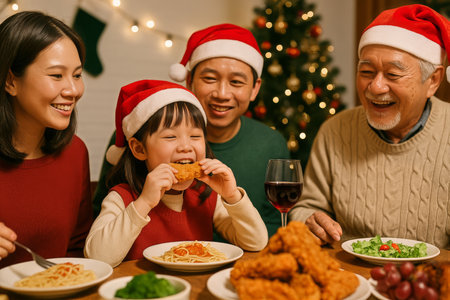 Four family members celebrate Christmas at a dining table filled with delicious food and drinks. Laughter fills the air as they share moments together in a warm, festive atmosphere.の素材