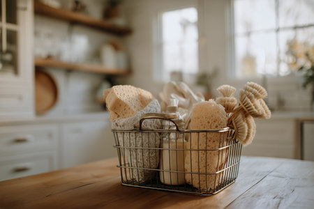 A wire basket holds various cleaning items including sponges, a brush, and a spray bottle. The background shows a cozy kitchen with natural light shining through a window..の素材