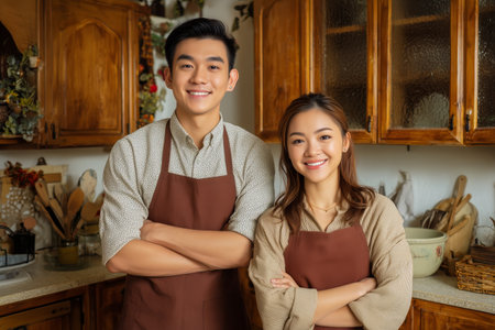 Two young people stand side by side in a warm kitchen, both wearing brown aprons. They smile confidently, embodying a sense of teamwork and joy in their cooking space.の素材