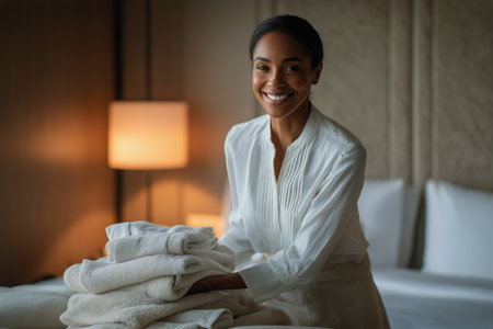 A housekeeper smiles while holding a stack of clean towels in a stylish hotel room. The space features soft lighting and elegant furnishings, creating a welcoming atmosphere..の素材