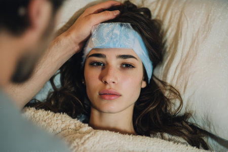 A person looks concerned while gently touching the forehead of someone lying in bed. The setting is cozy, with soft blankets and early morning light filtering through..の素材