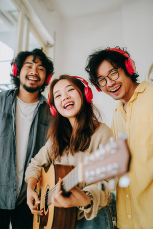 Three friends smile widely while playing guitar and listening to music through headphones in a cozy, bright room. Their joy and connection are evident as they share the moment.の素材
