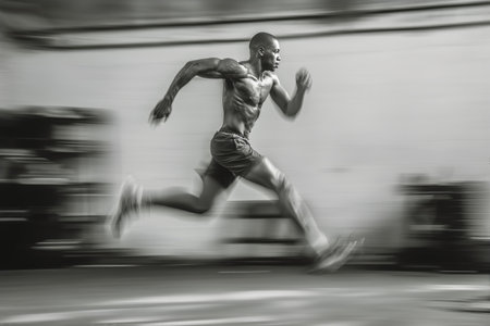 A muscular athlete is sprinting at high speed in a well-lit indoor training area. The focus is on his energy and determination as he pushes himself to the limit.の素材
