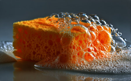 A bright yellow sponge sits on a glossy wet surface, covered in a layer of bubbles that catch the light, creating a calming and fresh atmosphere.の素材