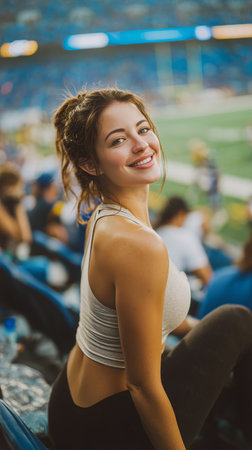 A young woman smiles brightly while seated in the stands of a stadium. The soccer field is visible behind her, filled with players and fans..の素材