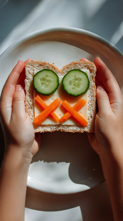 Two hands hold a slice of bread decorated to look like an owl, using cucumber slices and carrot pieces. Bright afternoon light enhances the playful design.の素材