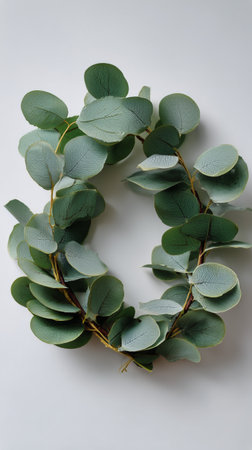 A circular wreath made of fresh eucalyptus leaves is displayed on a light background, showing its natural beauty and elegance. Perfect for home decor or special occasions..の素材