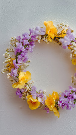 A vibrant circle of assorted flowers, featuring purples and yellows, lies against a light background. Smaller petals are scattered around, enhancing the spring theme..の素材
