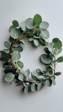 A circular wreath made of fresh eucalyptus leaves is displayed on a light background, showing its natural beauty and elegance. Perfect for home decor or special occasions.の素材