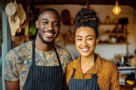 A cheerful couple poses together in a warmly lit kitchen, both wearing aprons. The atmosphere is inviting, showcasing a space filled with kitchenware and natural light.の素材