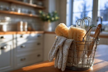 A basket holds various kitchen utensils, including whiskeys and brushes, on a wooden countertop. Sunshine brightens the cozy kitchen space, creating a warm atmosphere.の素材