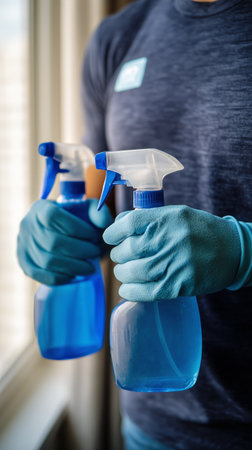 A person in gloves holds two blue spray bottles while standing by a window. The setting suggests a cleaning activity, emphasizing cleanliness and care in the environment.の素材