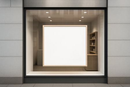 An empty gallery window features a large blank canvas. The sleek, minimalist design highlights the artworks simplicity. Natural light enhances the clean lines and modern space..の素材