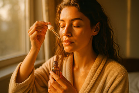 A young woman applies facial serum using a dropper, enjoying warm sunlight streaming through a window. She is dressed in a cozy robe, focusing on her skin care routine.の素材