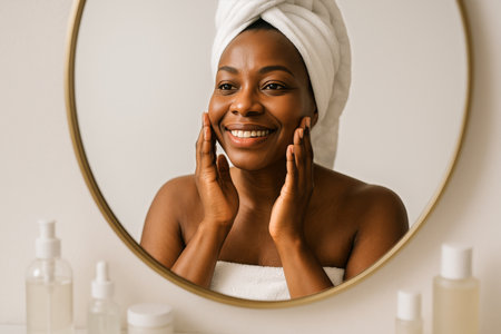 A smiling woman is applying skincare products in front of a mirror at home. She wears a towel on her head and enjoys her self-care routine in a well-lit bathroom..の素材