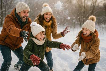 Four family members laugh joyfully while playing in the snow, engaging in a fun snowball fight. They are bundled in winter clothing, surrounded by a snowy landscape and trees..の素材
