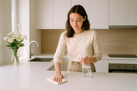 A woman is wiping down a kitchen countertop with a spray cleaner and cloth. She is smiling, enjoying the cleaning task in a bright, modern kitchen with flowers nearby.の素材