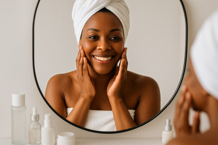 A smiling woman is applying skincare products in front of a mirror at home. She wears a towel on her head and enjoys her self-care routine in a well-lit bathroom.の素材