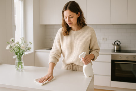 A woman is wiping down a kitchen countertop with a spray cleaner and cloth. She is smiling, enjoying the cleaning task in a bright, modern kitchen with flowers nearby..の素材