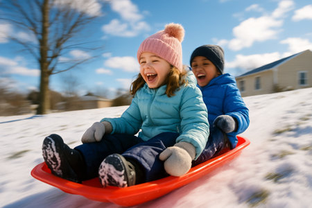 Two children sled down a snow-covered hill, laughing joyfully. They wear warm jackets and hats while enjoying a bright winter day with a blue sky and scattered clouds.の素材