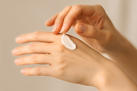 A person gently applies a small amount of cream to their hand in a well-lit setting. The focus is on skin care and self-pampering in a calming environment..の素材