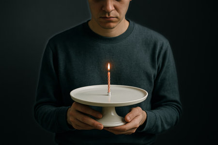 A man stands with a white cake stand, featuring one lit candle, creating a warm glow against a dark background. He appears reflective and contemplative.の素材