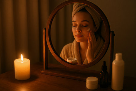 In a calming room, a woman applies cream to her face while looking into a mirror. Soft candlelight enhances the serene ambiance, promoting relaxation and self-care..の素材