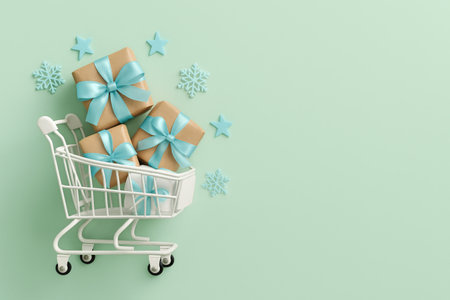 A small shopping cart filled with neatly wrapped gift boxes sits against a light green background. Blue ribbons and star decorations add a festive touch to the scene.の素材