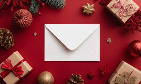 A white envelope sits among beautifully wrapped gifts and festive decorations on a red background, creating a cheerful holiday scene perfect for celebrations and gift-giving.の素材