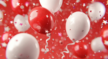 Balloons in red and white hover in the air, surrounded by golden stars and ribbons, creating a lively and joyful atmosphere for a celebration or party..の素材