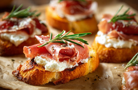 A group of bruschetta slices is beautifully arranged on a wooden table.の素材