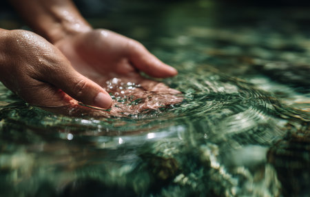 Hands gently touch the surface of clear water, creating ripples. The setting suggests a serene moment in nature, inviting feelings of calm and tranquility.の素材