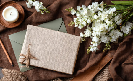 A small, wrapped gift wrapped in natural fabric is placed beside a green envelope and white flowers, creating a warm and inviting atmosphere perfect for special occasions..の素材