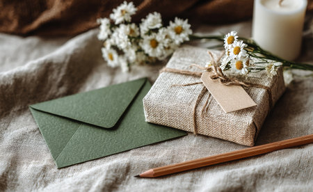 A small, wrapped gift wrapped in natural fabric is placed beside a green envelope and white flowers, creating a warm and inviting atmosphere perfect for special occasions.の素材