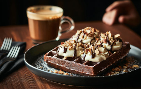 A chocolate waffle sits on a black plate, generously topped with whipped cream and almonds, accompanied by a glass of creamy drink, in a warm cafe setting..の素材