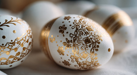 Beautifully designed white eggs with intricate golden patterns are arranged on a soft, light background, perfect for spring festivities and holiday traditions..の素材